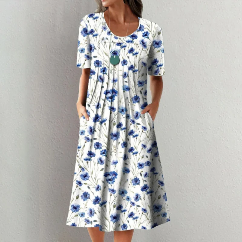 

2023 Women Dress Vintage Print Summer Half Sleeve Loose Dress Casual Plus Size Female Long Dress Big Swing Dresses