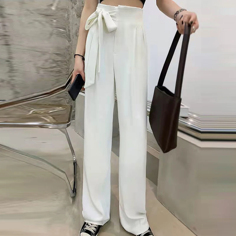 White wide-leg pants women's high waist drape 2022 summer new bow straight loose mopping suit pants thin  LOOSE