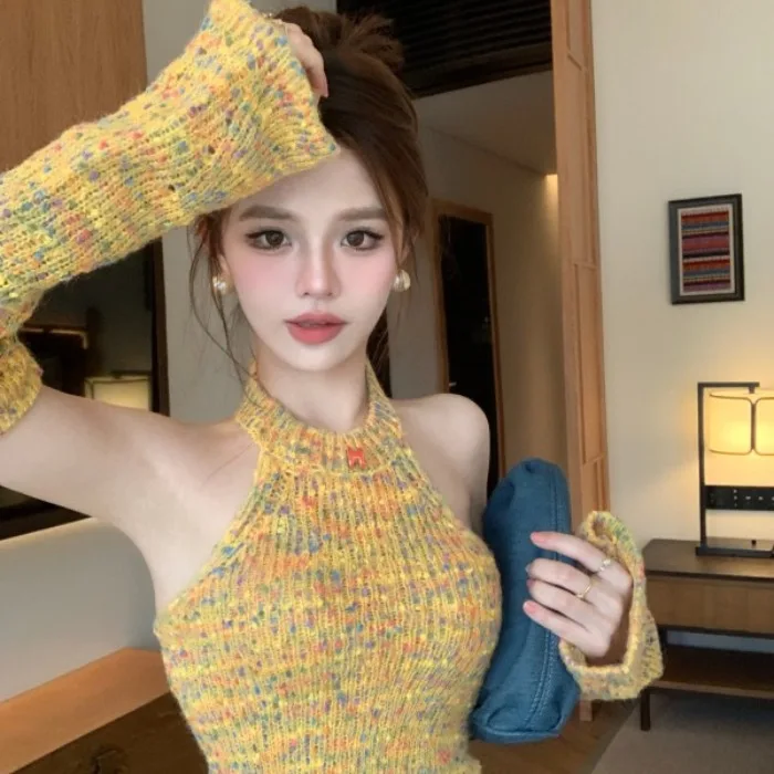 Осень-зима 2024 новый топ с лямкой на шее вязаный свитер рукавами Gyaru сексуальная