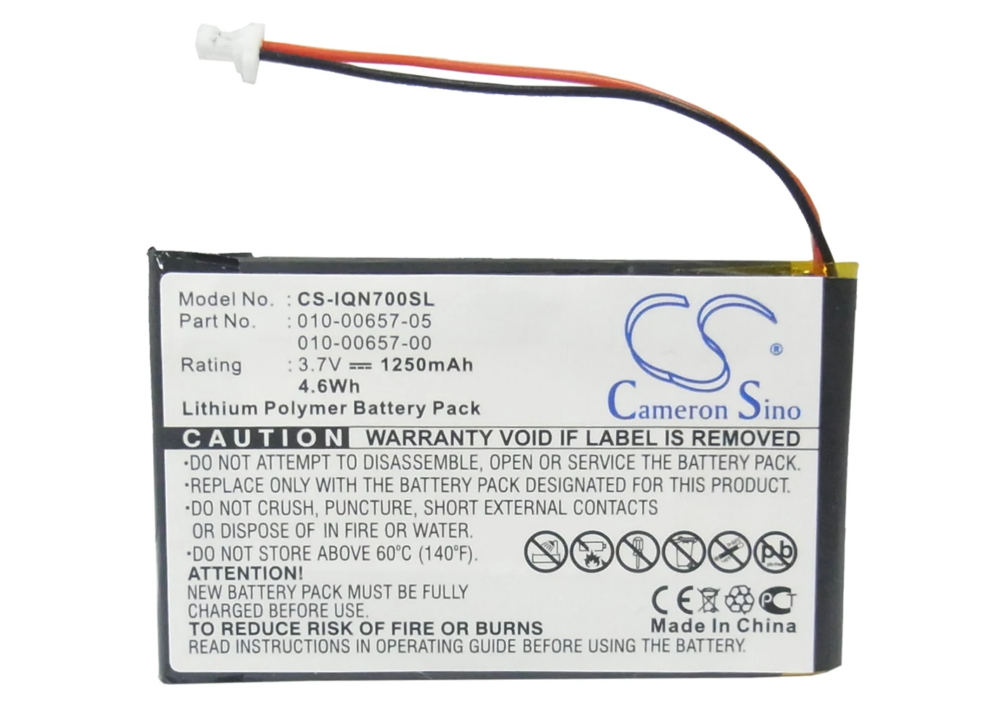 

Cameron Sino 1250mA Battery for Garmin Nuvi 700 ( 2 wires ) 010-00657-00, 010-00657-05, 010-00657-10