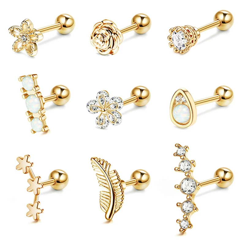 

9 pieces of 16G cartilage earrings earrings Stud Women's 316L stainless steel spiral piercing earrings set, Opal, cubic zirconia