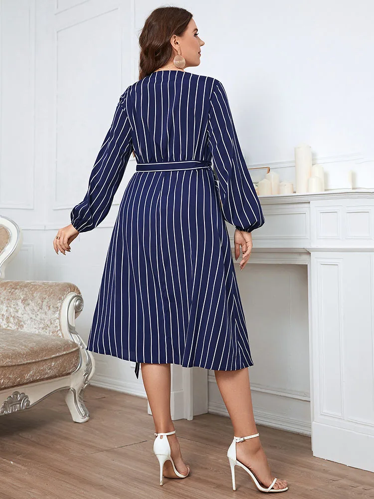 Plus Size Dresses For Women Spring 2023 Elegant Fashion Long Sleeve Striped Wraped Midi Party Dress Sexy V Neck Loose Dress 4XL