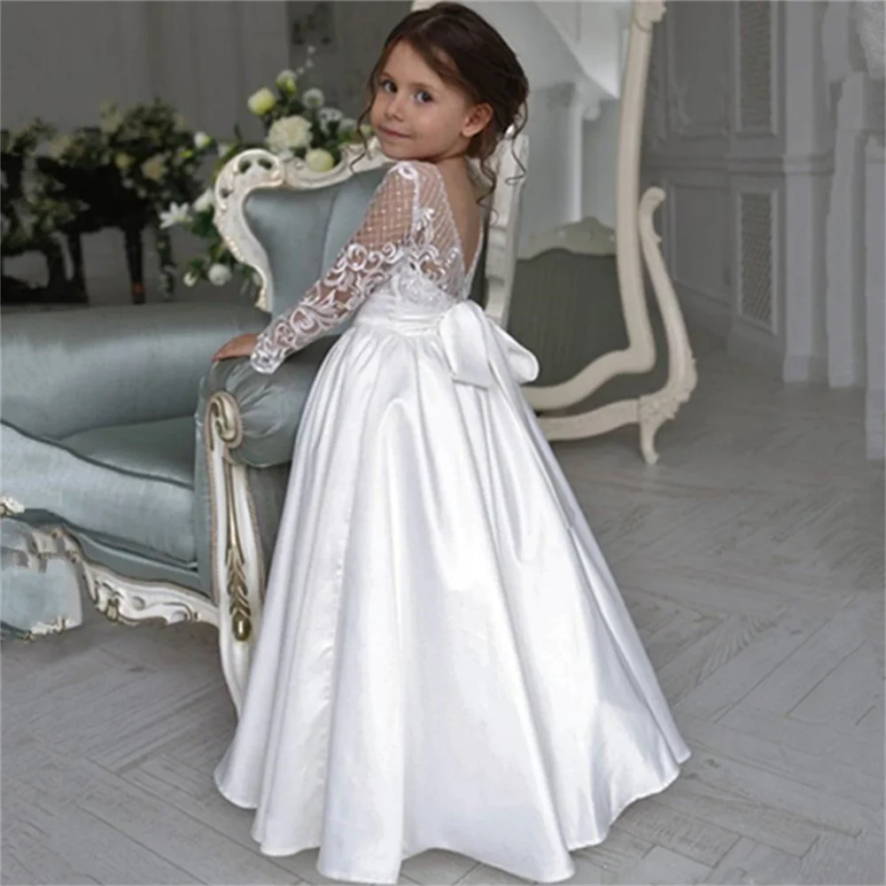 First Communion Dresses Tulle Button Back Printing Long-sleeved Flower Girl Princess Dress Wedding Party Fantasy Kids Gift