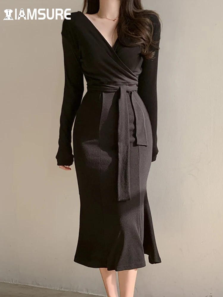 

IAMSURE Elegant Fashion Basic Solid A-Line Dress With Sashes Korean Style V-Neck Long Sleeve Midi Dresses For Women 2022 Autumn