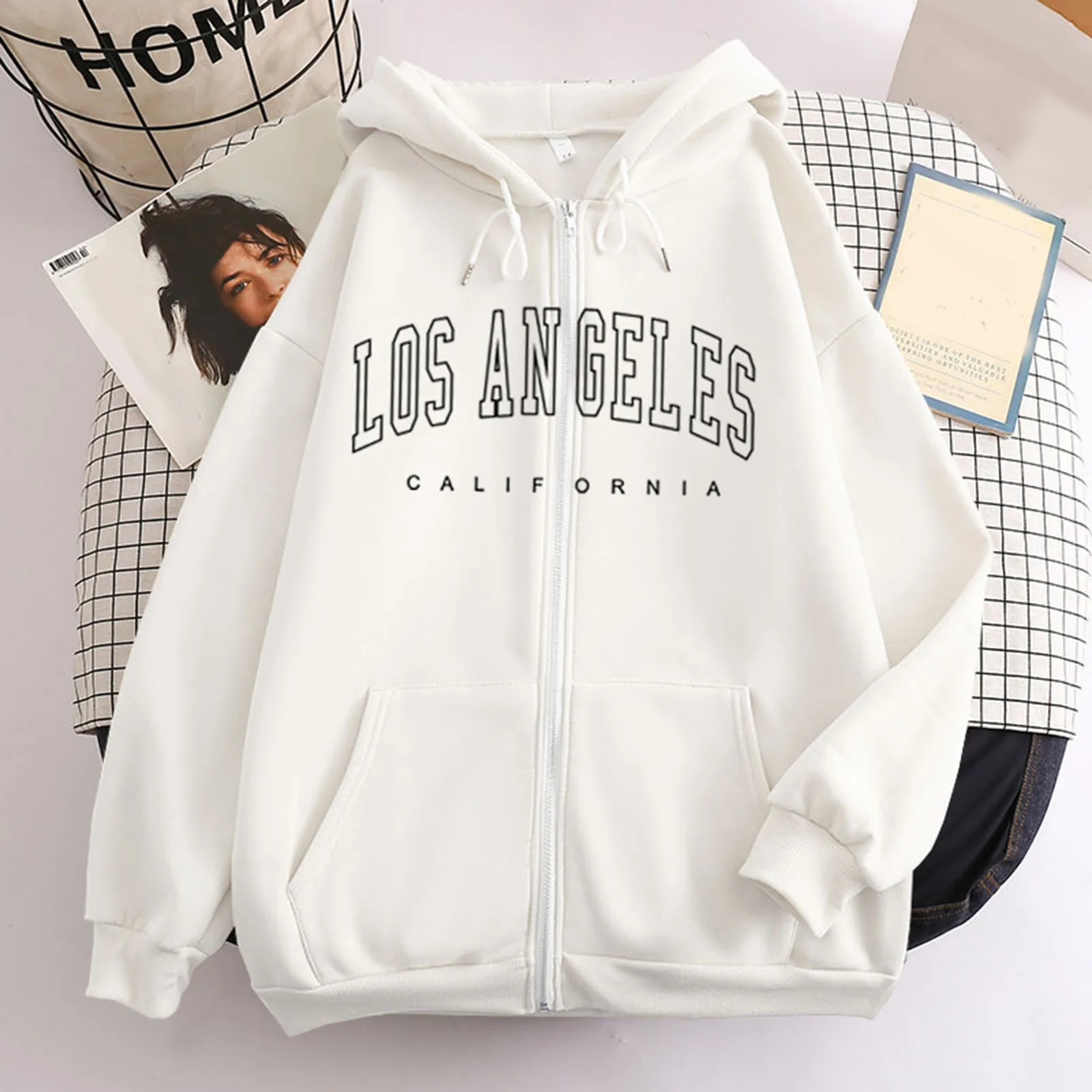 

LOS ANGELES Letter Printed Zipper Hooded Sweatshirt Women Fall Winter Fashion Casual Loose Hoodies Drawstring Coat Female 2023