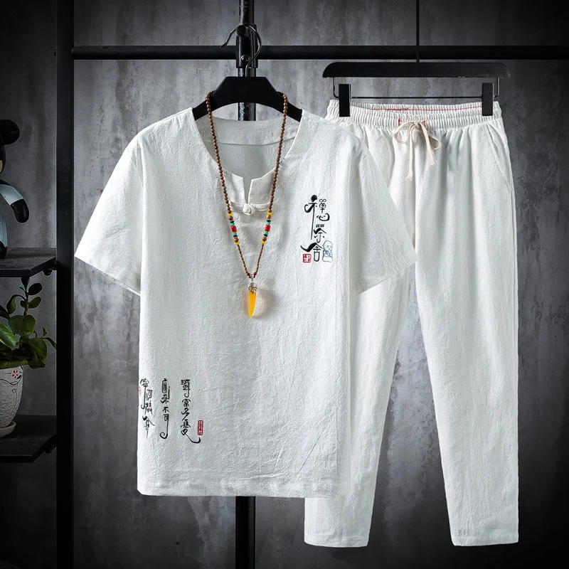 

New Arrival Men's Cotton and Linen Short Sleeve T-shirt+Ankle Length Pant Set Solid Shirt+Trousers Home Suits Male M-5XL TZ015