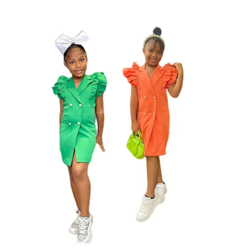 

Children's Summer Clothes Dresses 1-8Y Girls Ruffled Flying Sleeve Shirt Orange Dress Kids Double-Breasted Green A-Line Blouse