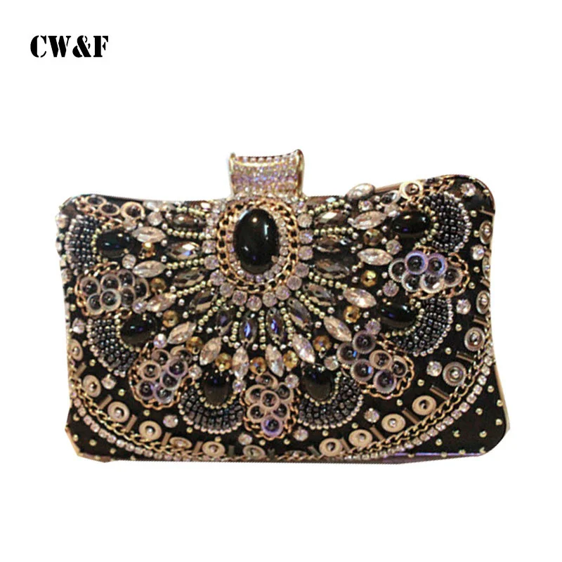 

High-grade heavy hand-sew beads diamond chain bag evening bag close