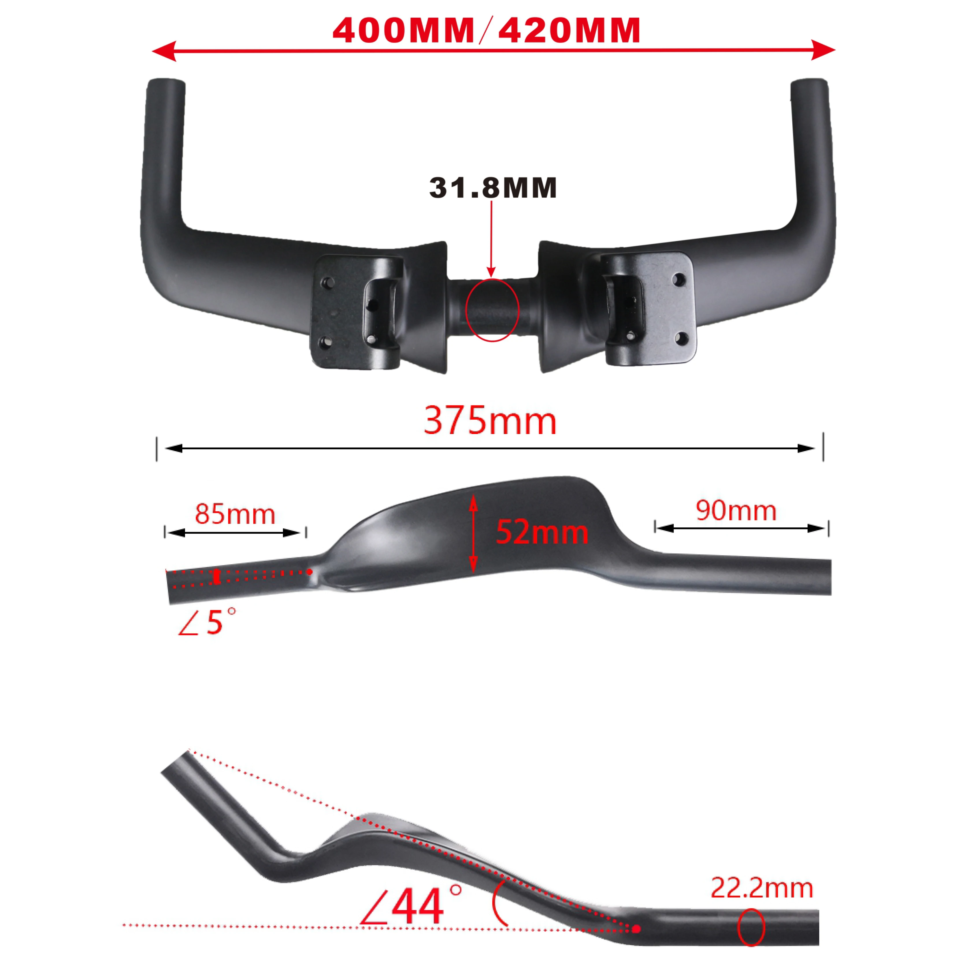 Черный глянцевый руль для триатлона TT Bar HB096 с удлинительной муфтой ширина 400 мм 420