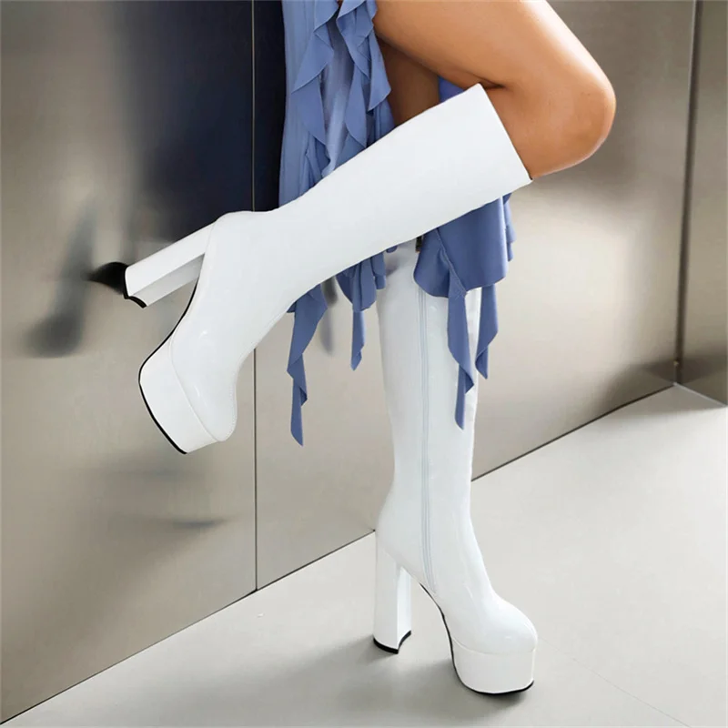 

Элегантные женские сапоги на высоком каблуке 2023 зимняя женская обувь классические сапоги до колена на платформе с круглым носком на молнии большой размер 43 Прямая поставка