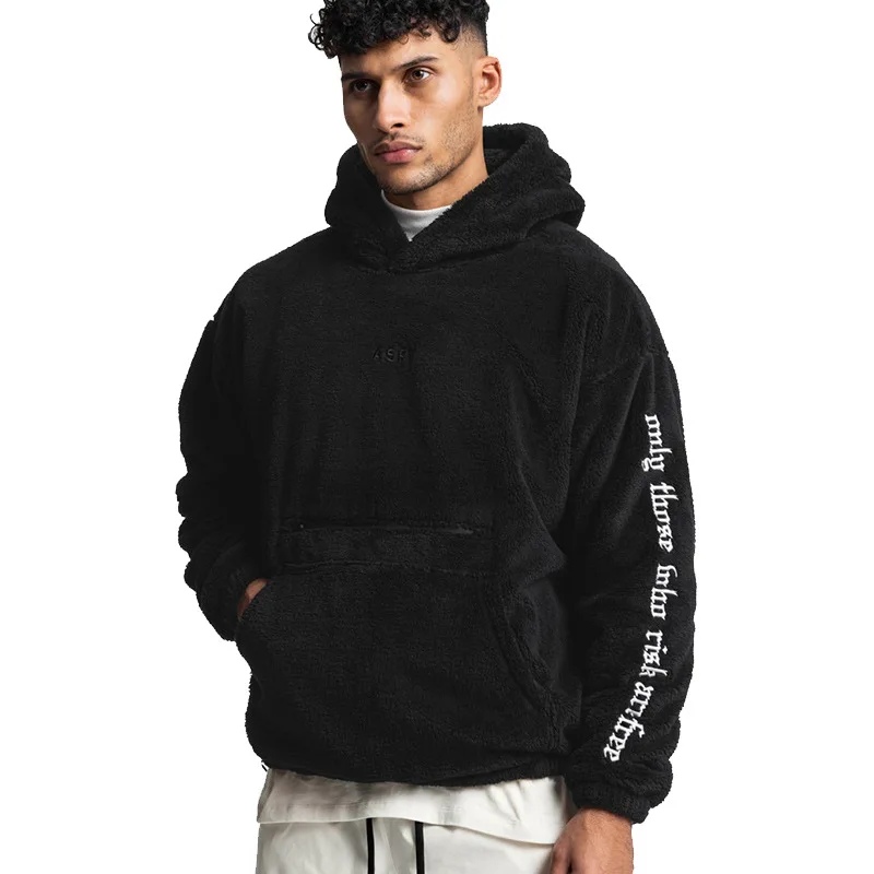 

Winter New Plush Hooded High Street Fashion Sign Letter Embroidery Hoodie Solid Coat Harajuku Hip Hop Casual Men's Pullover Top