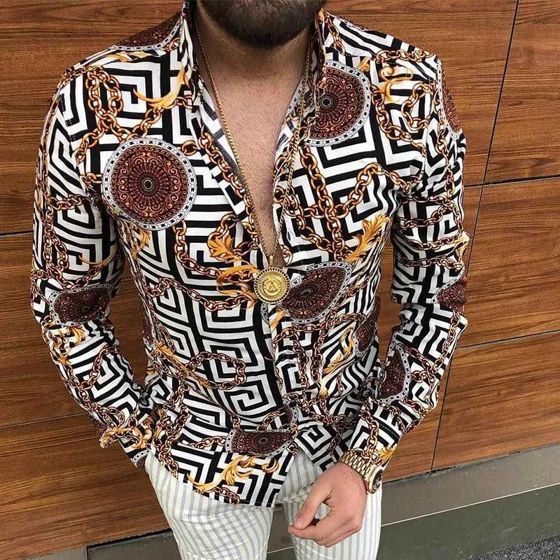 Spring and Autumn New Men's Casual Shirt 3D Pattern Printed Beach Long-Sleeved Polyester Lapel Button Hawaiian Flower Shirt Men'