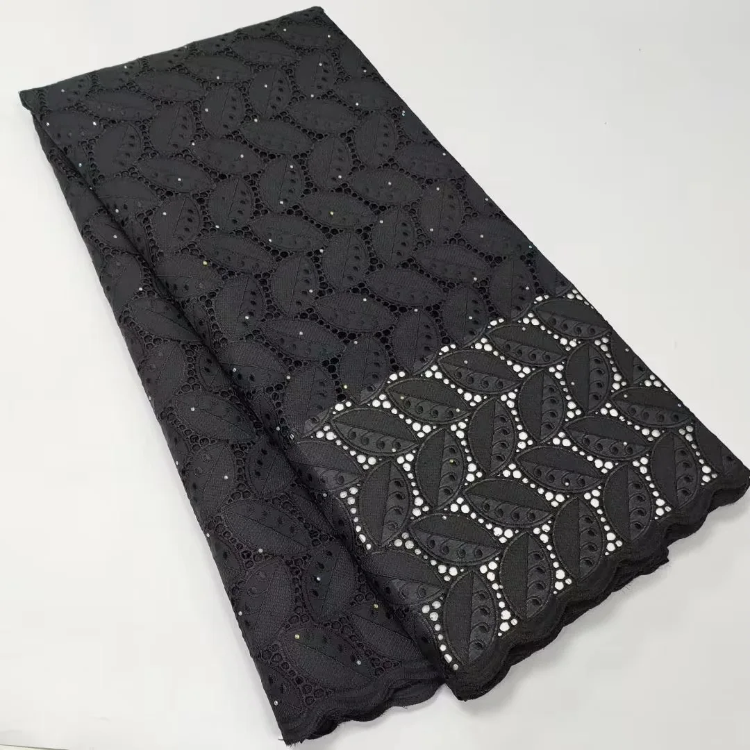 Black Hollow Out 5 Yards Swiss Voile Lace Fabric Embroidery African Dry Lace 100% Cotton In Switzerland For Party Cloth Material