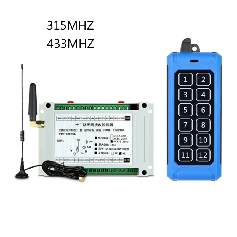 

315Mhz/RF433Mhz Wireless Remote Control Switch 85V-380V Relay 12CH Receiver Controller and 12Button Transmitter