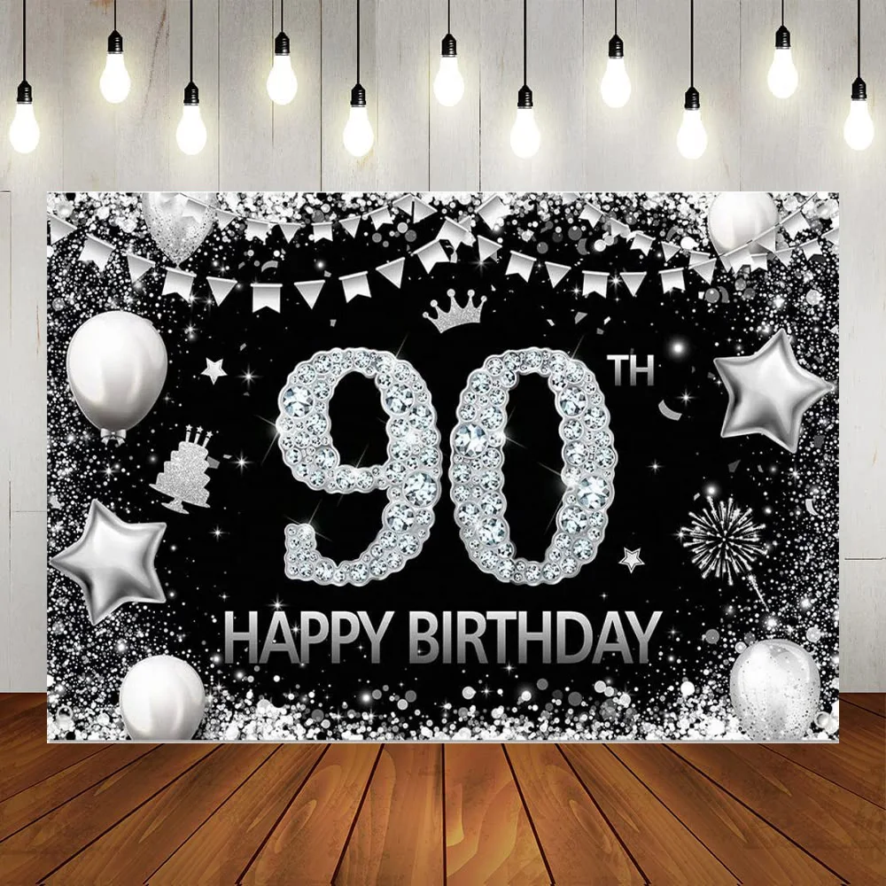 

Happy 90th Birthday Party Banner Backdrop Decorations Black Silver Crown Men Women Anniversary Background Photography Poster