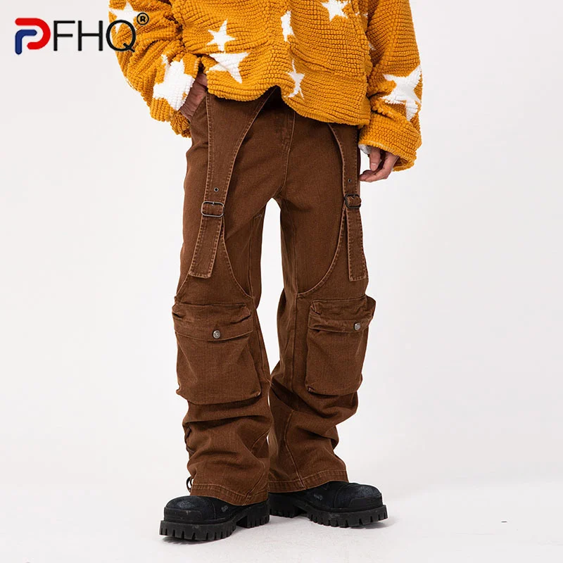 

PFHQ Original Trendy Men's Multi Pocket Cargo Pants Drawstring Straight Jeans 2023 Unique Design Solid Color Overalls Trousers