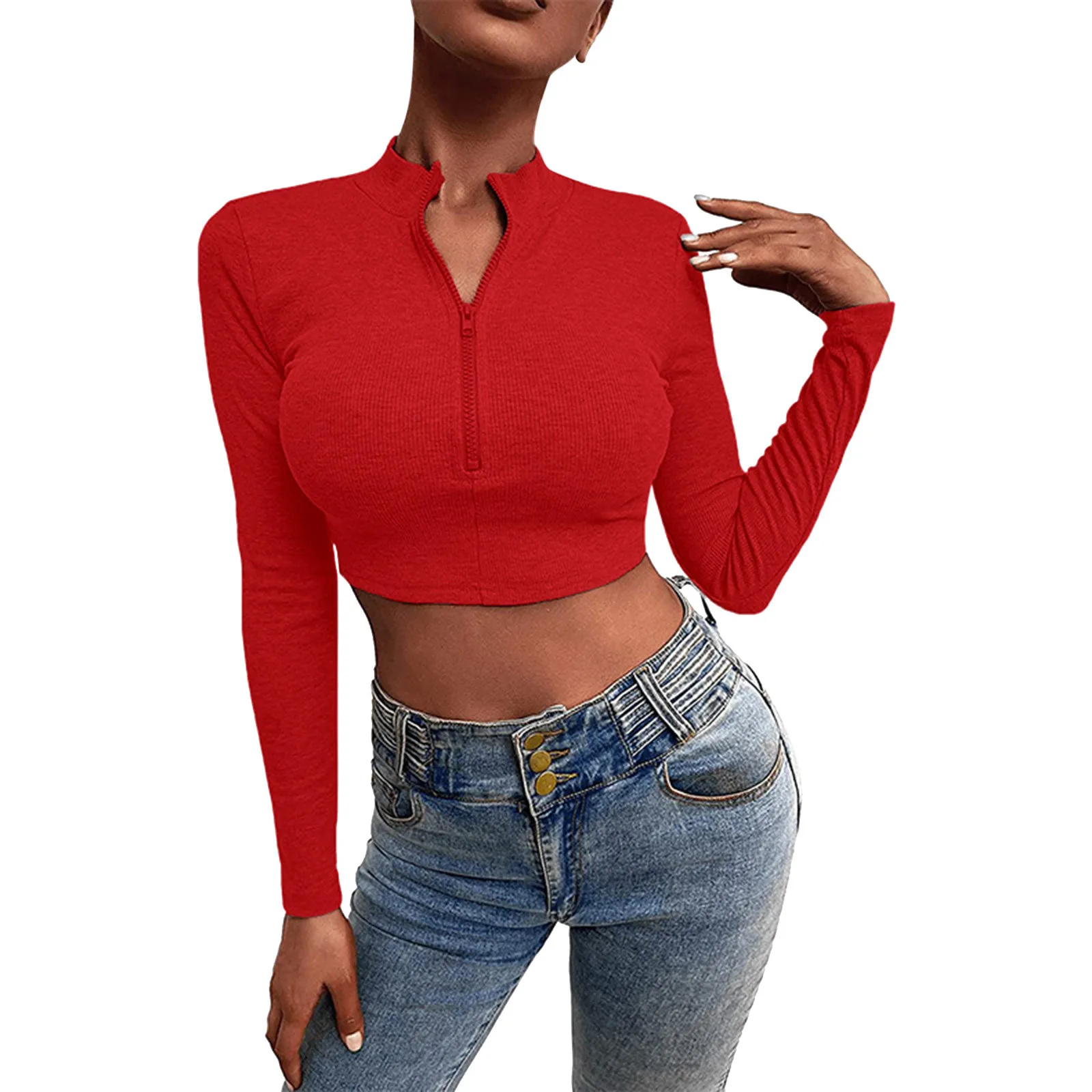 

Sexy Woman Cropped Knit Ribbed Top Blouse Spring Long Sleeve Zip Up Y2k Top Streetwear Shirt