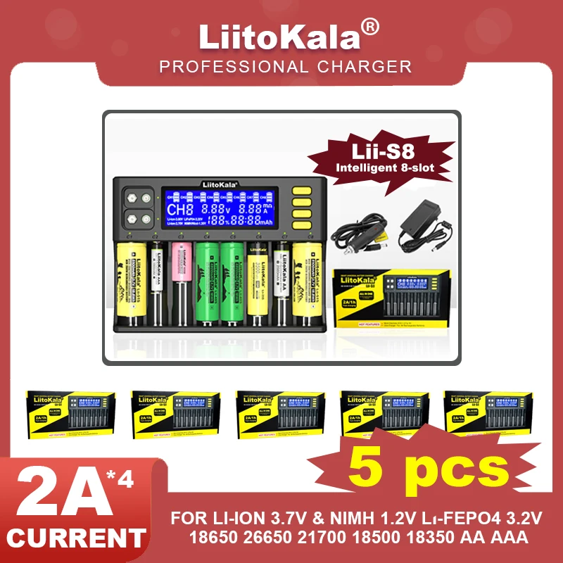 

5 Pcs Liitokala Lii-S8 Rechargeable Battery Charger 3.7V 18650 18350 18500 21700 20700 14500 26650 1.2V AA AAA NiMH LiFePO4