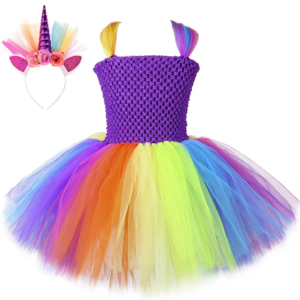 

Радужные платья единорога для девочек, костюмы пони для детей, платье-пачка на Хэллоуин с повязкой на голову, детский наряд для дня рождения
