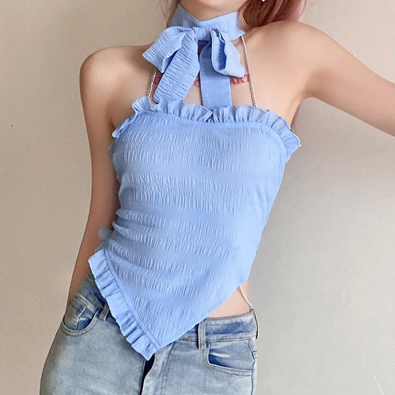 

Halter Slim Sexy Vest with Wooden Ears women clothing 2021 Summer Fashion Women's New Solid Color Bandage Bowknot Tube Top