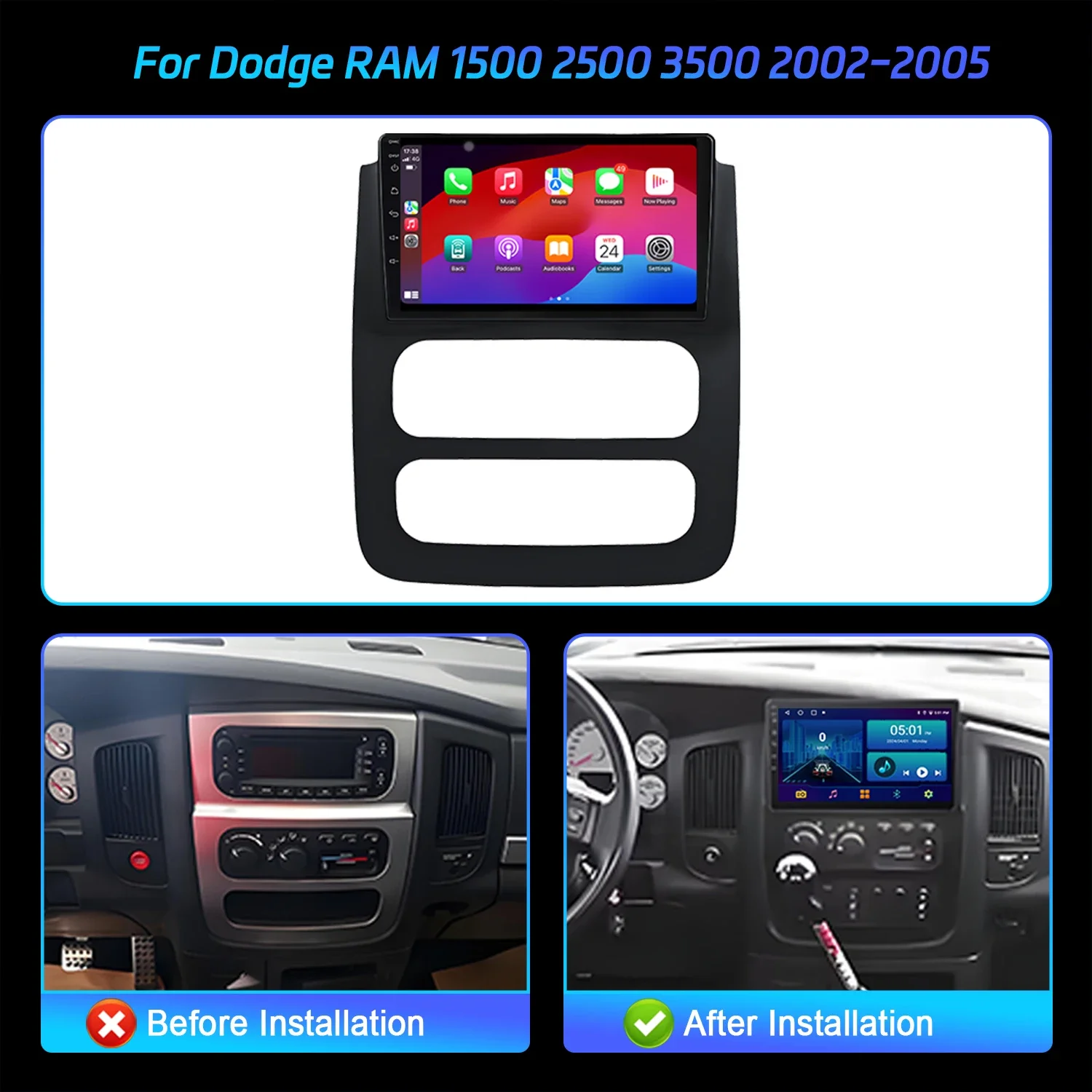 Фото Автомобильный радиоприемник Android 14, мультимедийная навигация для Dodge RAM 1500 2500 3500 2002-2005, стерео беспроводной Carplay Touch, 2K QLED экран №2