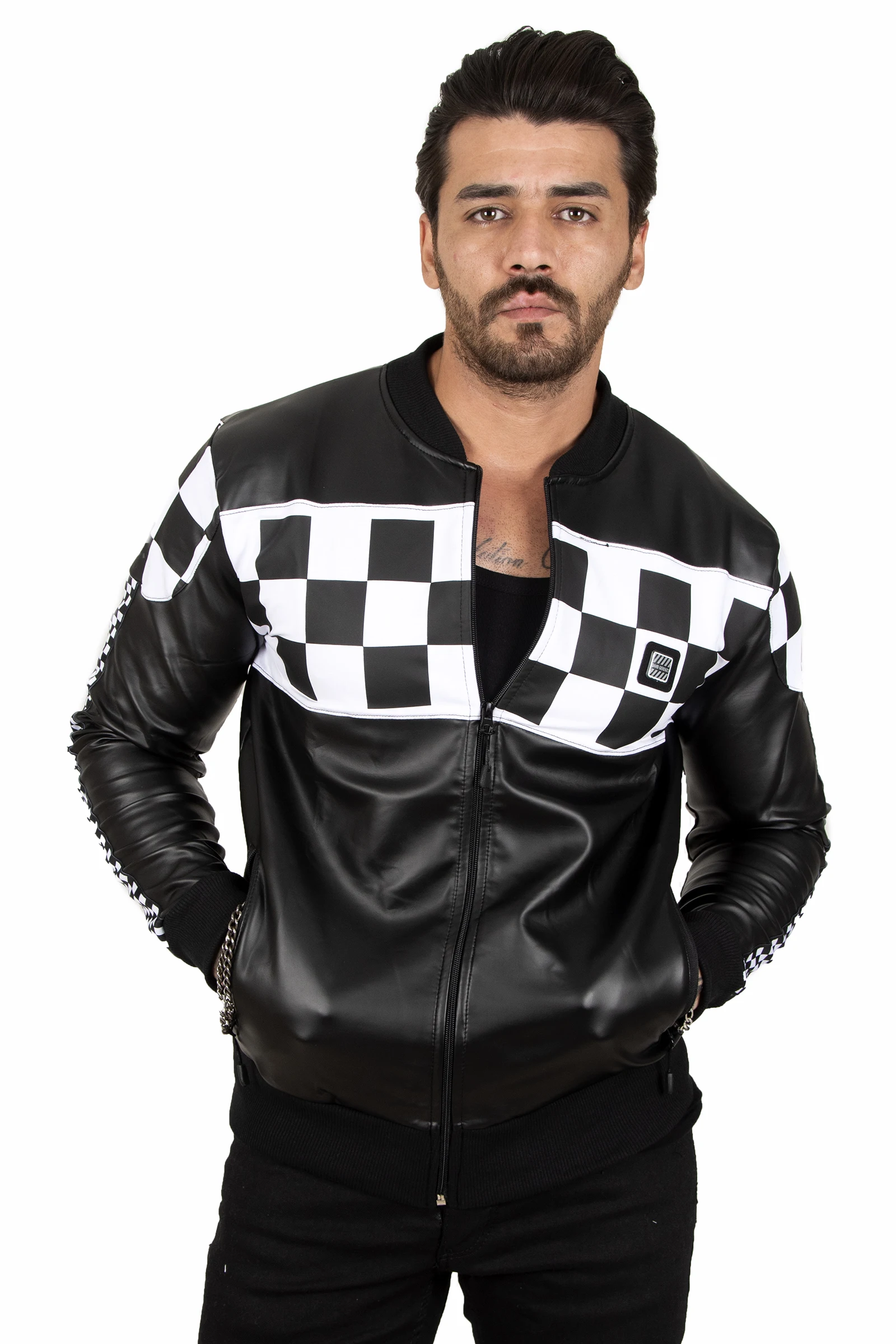 DeepSEA Checkerboard Embossed Zipper Leather Coat 2100182