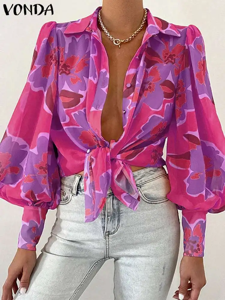 

VONDA Women Blouses 2022 Fashion Long Lantern Sleeve Floral Printed Shirt Autumn Lapel Loose Casual Office Ladies Tunic Tops