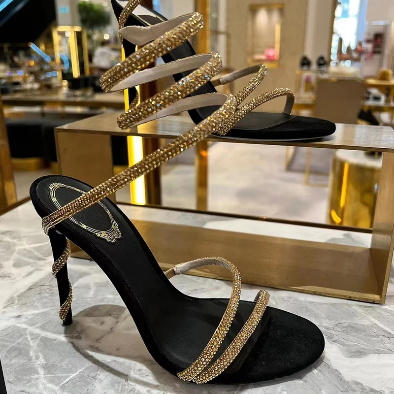 High end 2023 New High Heels, Rhinestone Snake Wrapped Slim Heels, Open Toed French Slim Sandals for Women