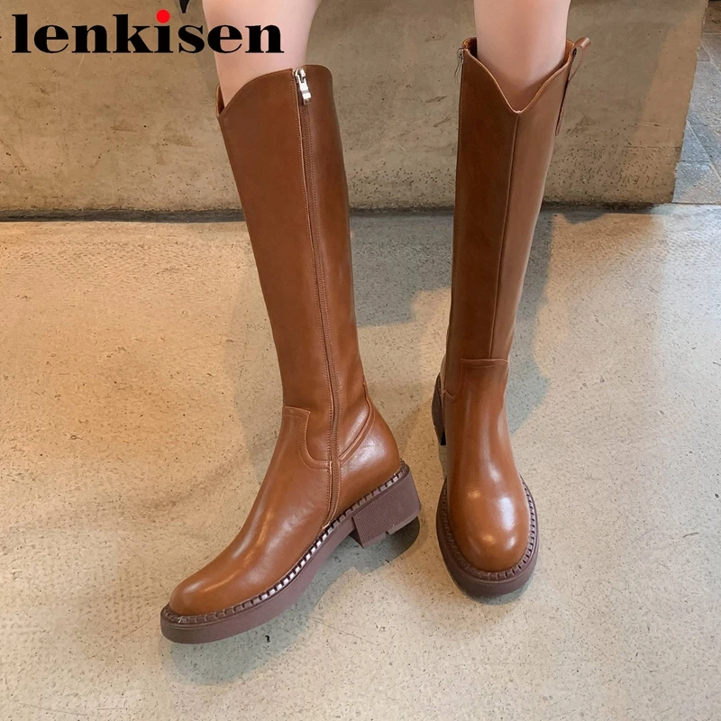 

Lenkisen Cow Split Leather Round Toe Riding Long Boots Med Heels Internet Star Simple Style Zipper Basic Fashion Knee High Boots