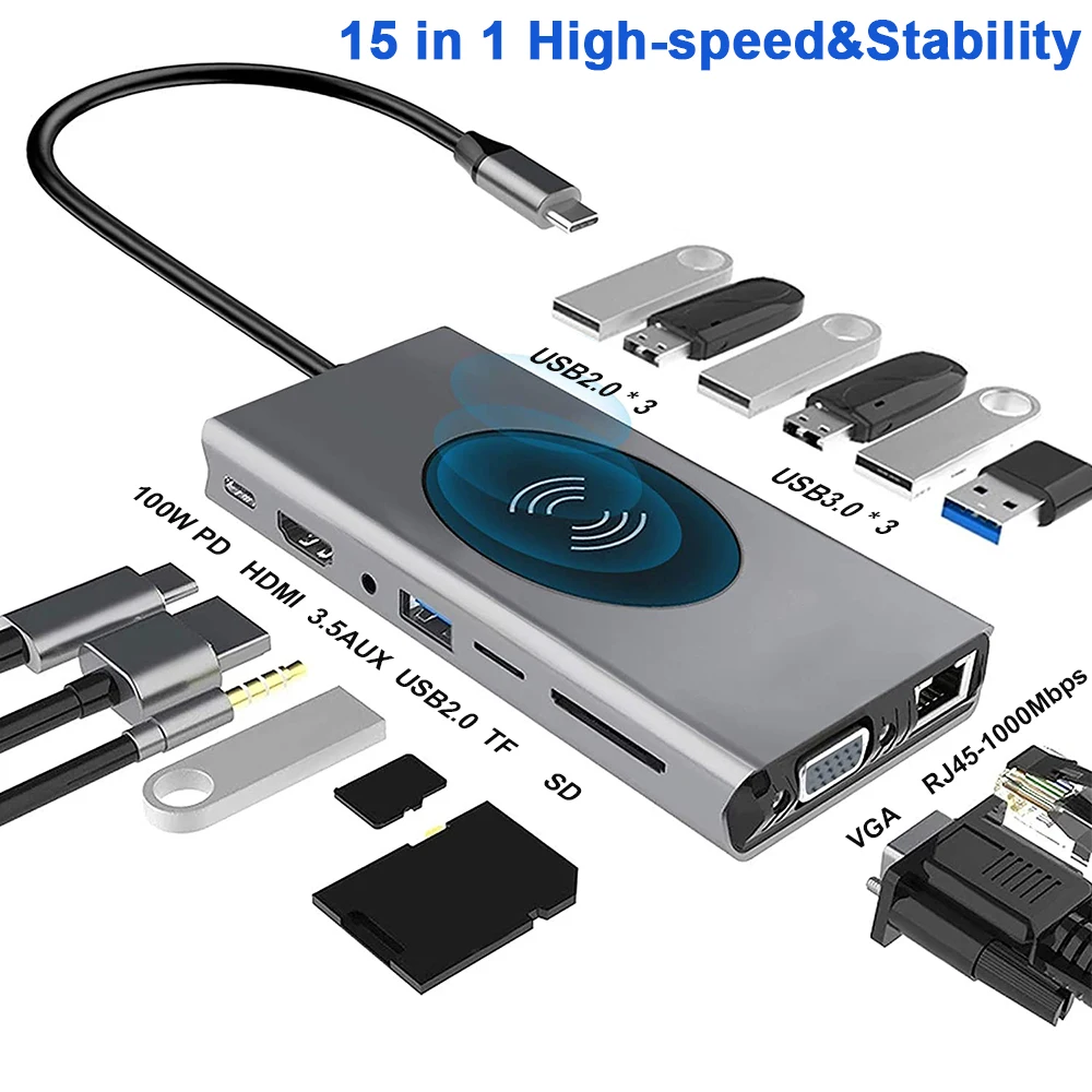 

USB C Hub 15-in-1 USB C Docking Station with 4K HDMI,VGA,Gigabit Ethernet,Wireless Charger,100W PD,USB3.0,SD/TF for MacBook Pro