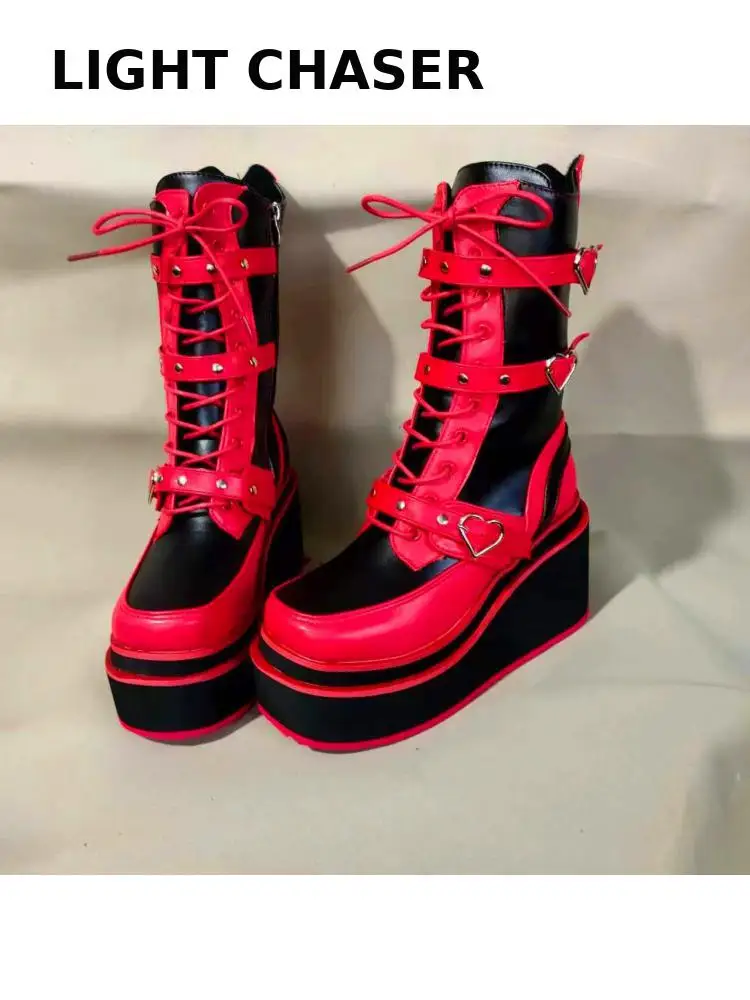 Autumn Winter New Punk Belt Buckle Rivets Thick Bottom Boots Slope Waterproof High Heel Platform Women's Boots Ankle Knight Boot