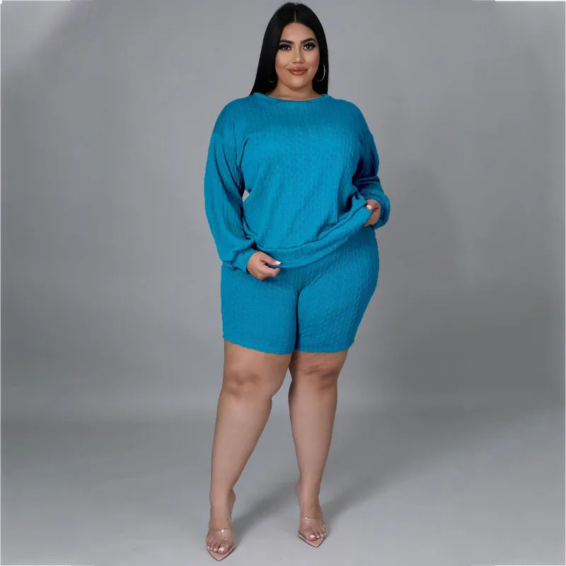 Autumn Plus Size Casual Suit Women's Knitted Pit Strip Fashion Sports Suit Long Sleeve Top + Shorts Women's Loose Two Piece Set