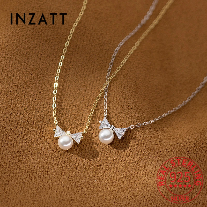 

INZATT Real 925 Sterling Silver Zircon CZ Bowknot Pearl Choker Necklace for Women Cute Fine Jewelry Minimalist Accessories