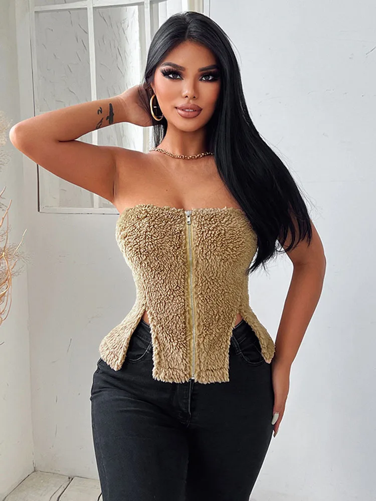 

Sexy Strapless Corset Tops Women Vintage Fleece Split Zip Camisole 2022 Spring Fall Lolita Fairy Grunge Y2K Clothes