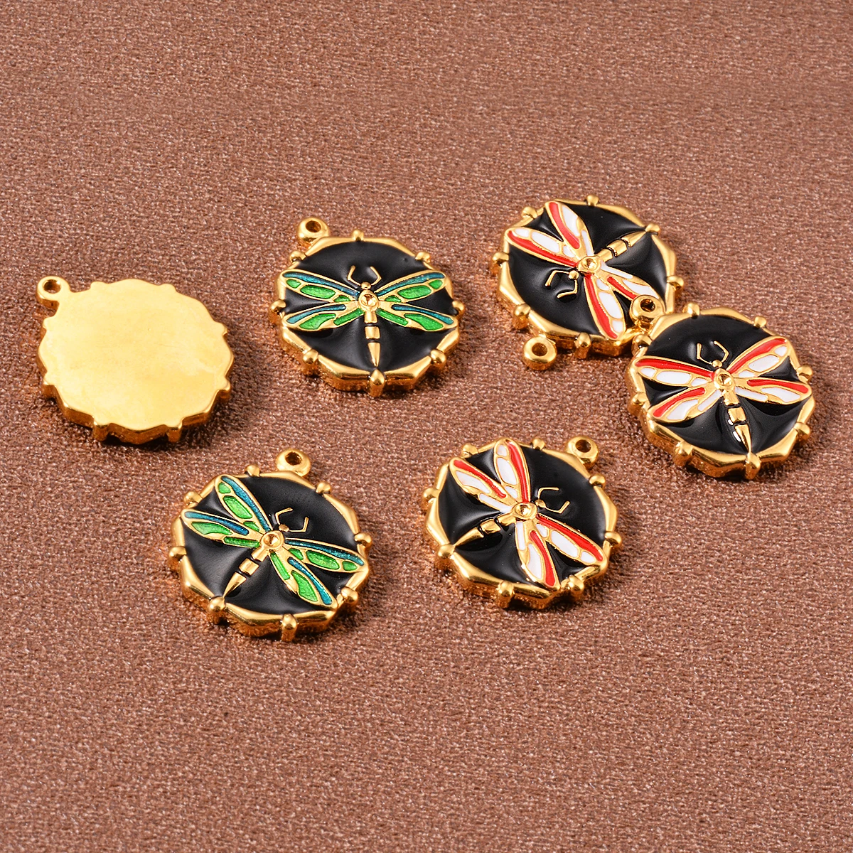 5pcs Stainless Steel Round Dragonfly Dot Diamond Gold Color Pendant Earring Necklace Charms Jewellery Making Supplies Wholesale
