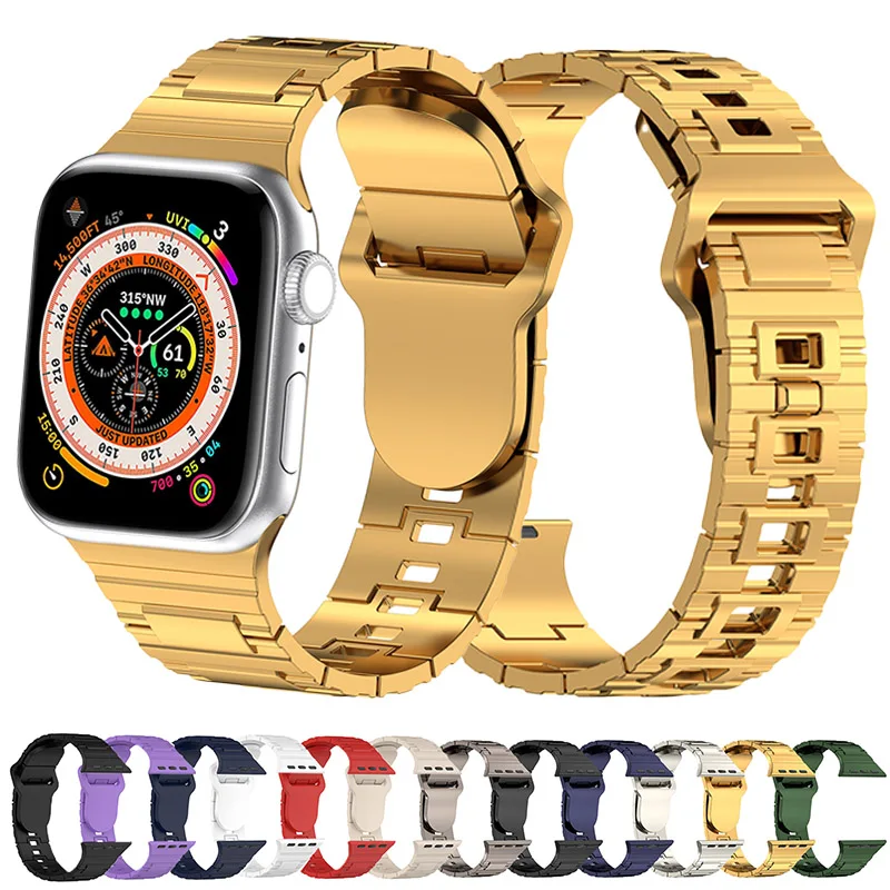 

Ремешок силиконовый для Apple Watch Band 44 мм 40 мм 45 мм 41 мм 38 мм, браслет с имитацией металлической текстуры для iwatch series 8 7 se 3 ultra 49 мм