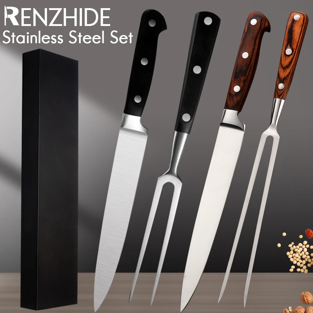 

RZD Japanese Teppanyaki Slicing Knife Fork Set 8'' INCH Stainless Steel Grill BBQ Cooking Steak Roast Korea Barbecue Tool