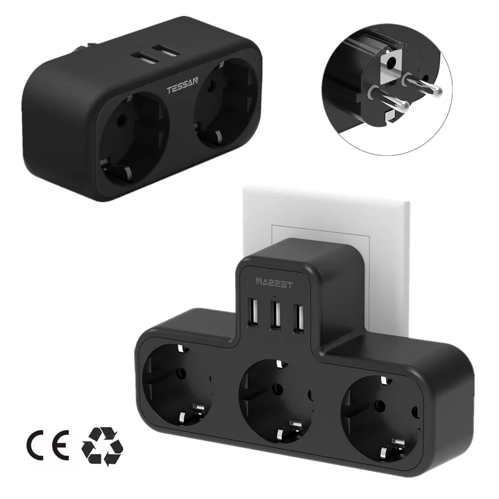 

TESSAN European Plug Adapter Black Multiple Sockets Power Strip with 2/3 EU Outlets & 2/3 USB Ports Wall Charger for Home Office