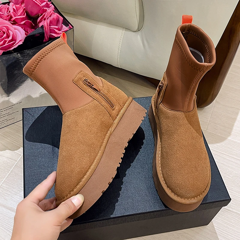

2024 Winter New Women Platform Shoes Flats Suede Chelsea Boots Fashion Casual Zipper Ankle Boots Walking Mujer Punk Snow Botas