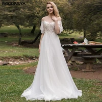 elegant sheer v neck wedding dress fashion a line short puff sleeve bridal gown lace up appliques backless tulle sweep train