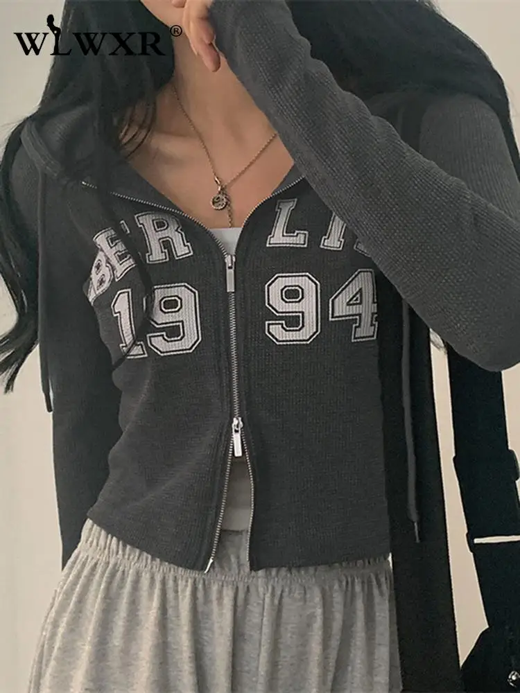 

WLWXR осенние тонкие серые толстовки на молнии для женщин Мода 2022 с капюшоном с длинным рукавом Y2K Топы женские с буквенным принтом повседневные толстовки
