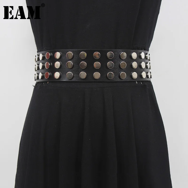 [EAM] Pu Leather Black Rivet Long Vintage Cool Belt Personality Women New Fashion Tide All-match Spring Autumn 2023 1DF4985