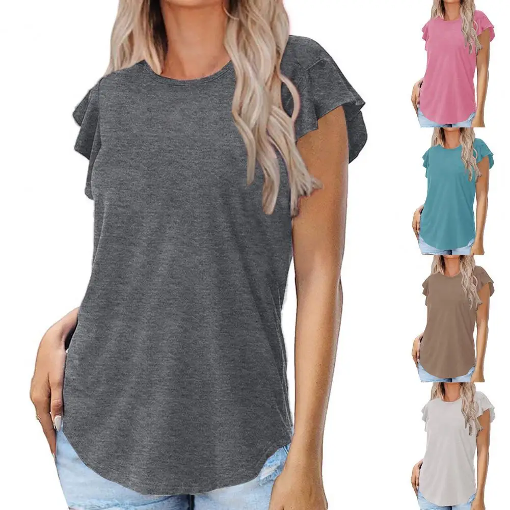 

Round Neck Arc Hem Lady T-shirt Shink Resistant Ruffle Short Sleeve Casual Top Streetwear