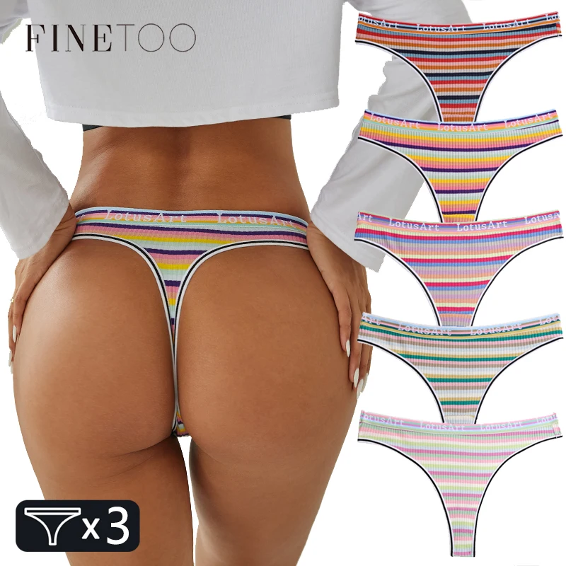 

FINETOO 3Pcs/set Women Rainbow Thongs M-XL Cotton Panties Comfortable Striped T-Back Underwear Ladies Soft G-string Lingerie New