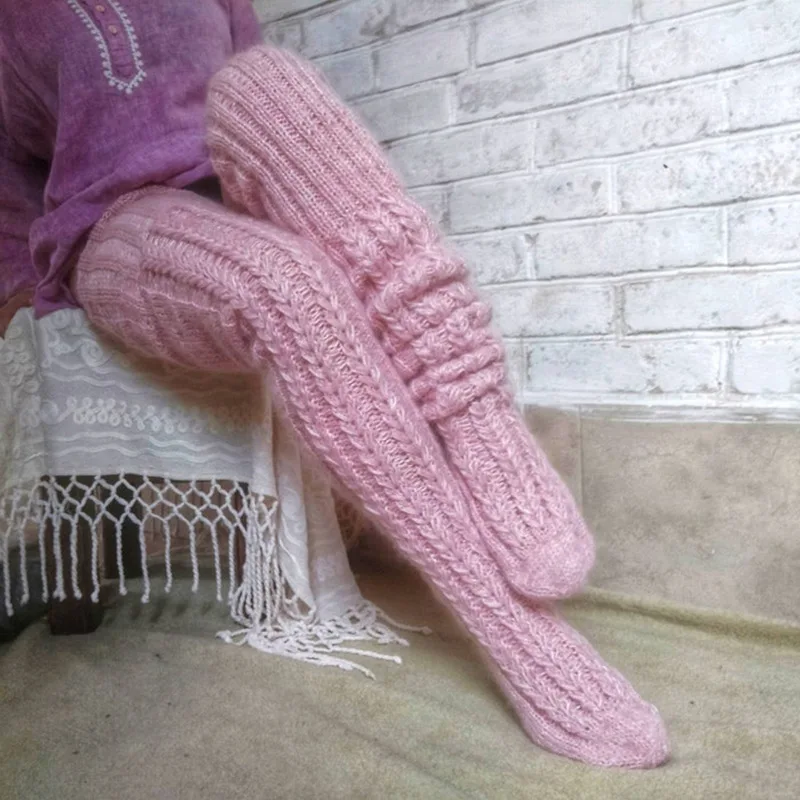 

Sock Long Solid Women's Socks Fashion The Knee Twist Stacked Socks Wool Over Long Warmers Accessories Knitted Leg Pink Knee-high