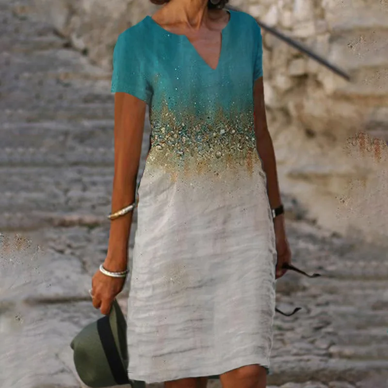 Женское винтажное платье до колена повседневное свободное элегантное с принтом