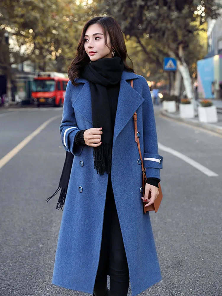 

Женское двубортное шерстяное пальто, Элегантное черно-синее кашемировое пальто средней длины с большими лацканами, свободного покроя, Осень-зима