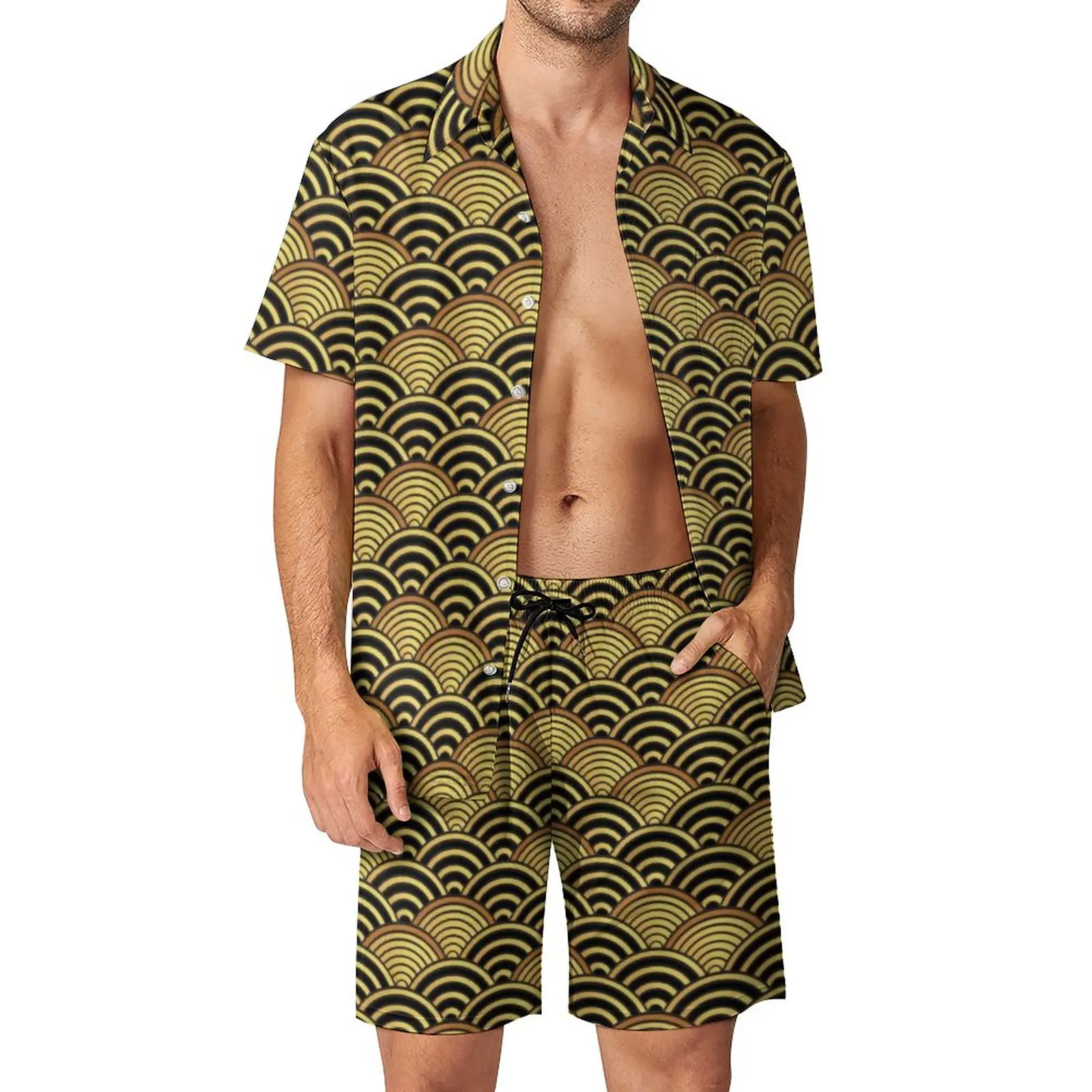 

Gold Seigaiha Men Sets Japanese Wave Print Casual Shorts Vacation Shirt Set Summer Hawaii Suit Short-Sleeve Oversized