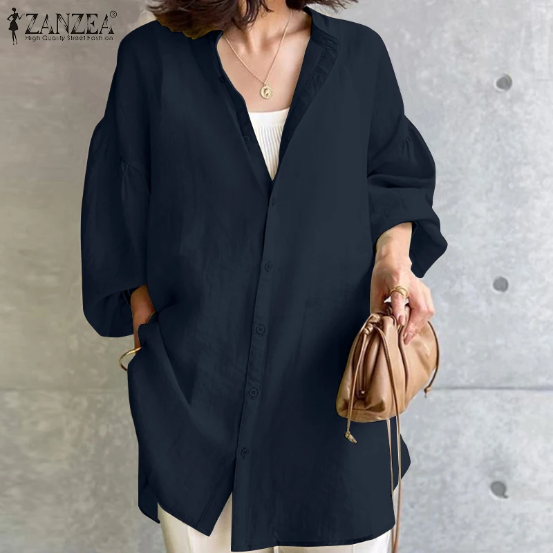 

Женская Офисная Однотонная рубашка 2022, весенние повседневные Ретро Блузы оверсайз ZANZEA, модные топы с длинным рукавом, Женская Лоскутная Блу...
