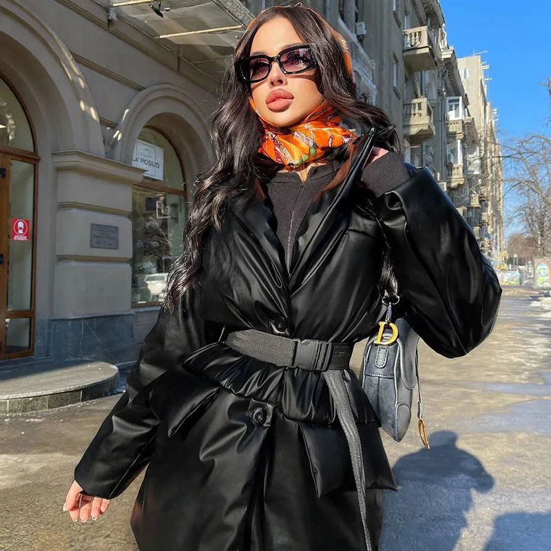 2023 Fashion Autumn and Winter Waist Mid-length Padded Jacket with Lapel Temperament Pure Color Bright Face Long-sleeved Jacket